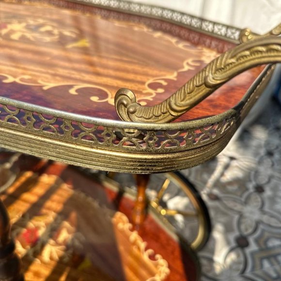 Bar Cocktail Tea Cart Trolley Beverage Italian 1950 Hollywood Regency Marquetry - Picture 3 of 9